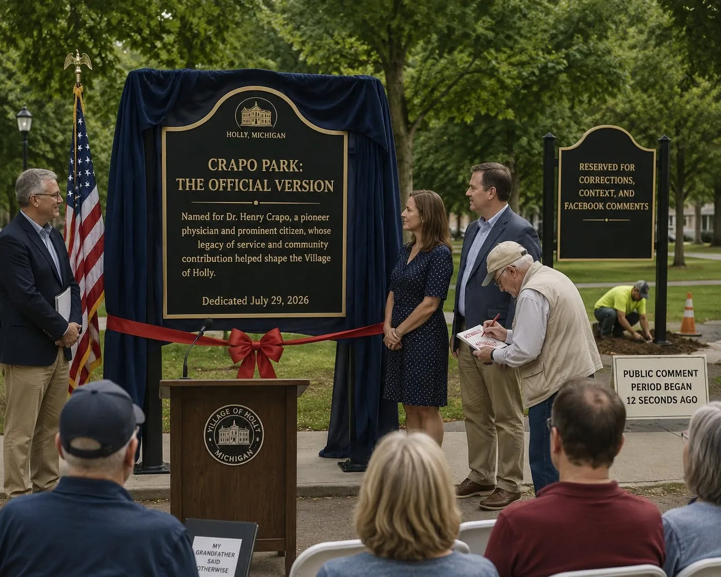 A crowd watches local officials unveil a black Crapo Park historical marker beneath leafy trees.