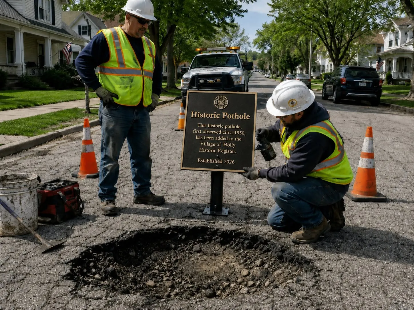Two road workers install a Historic Pothole marker beside a large hole in a residential street.