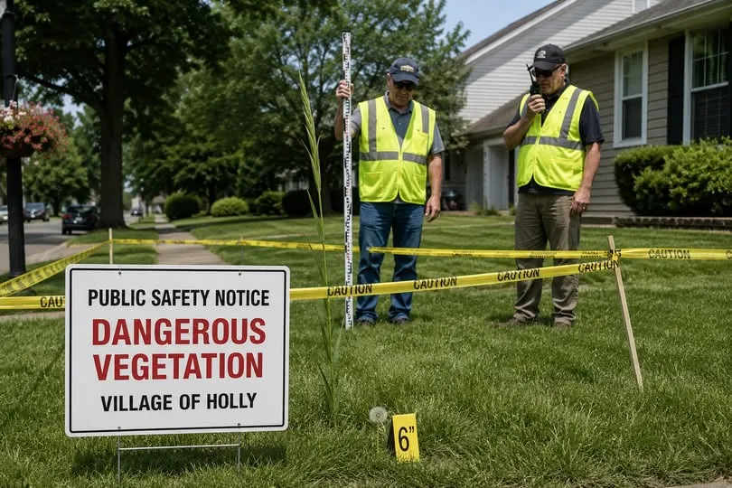 A dangerous vegetation notice stands in a front lawn while public works staff inspect a tall blade of grass.
