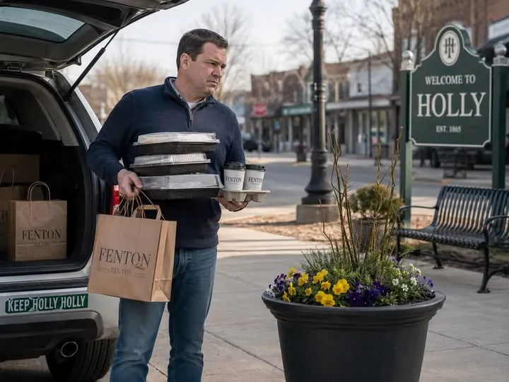 A man carries takeout containers and Fenton shopping bags from his car near a Welcome to Holly sign.