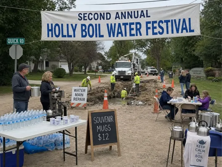 Residents gather around bottled water and cooking stations beneath a Second Annual Holly Boil Water Festival banner.