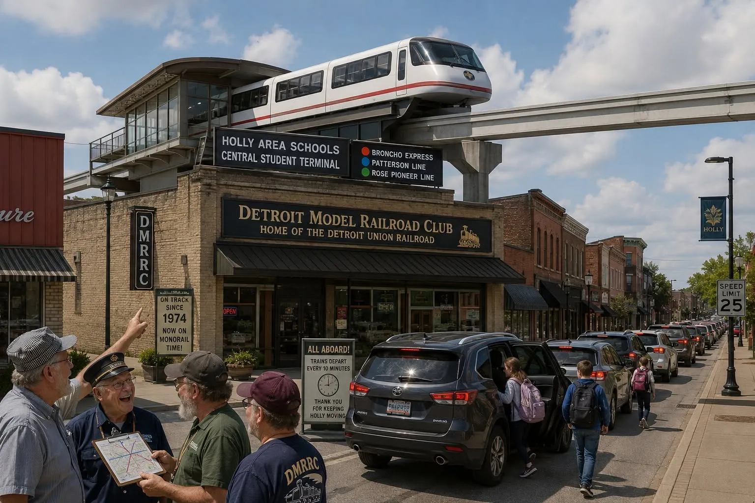 A white monorail passes above congested downtown Holly traffic and a school transit station.