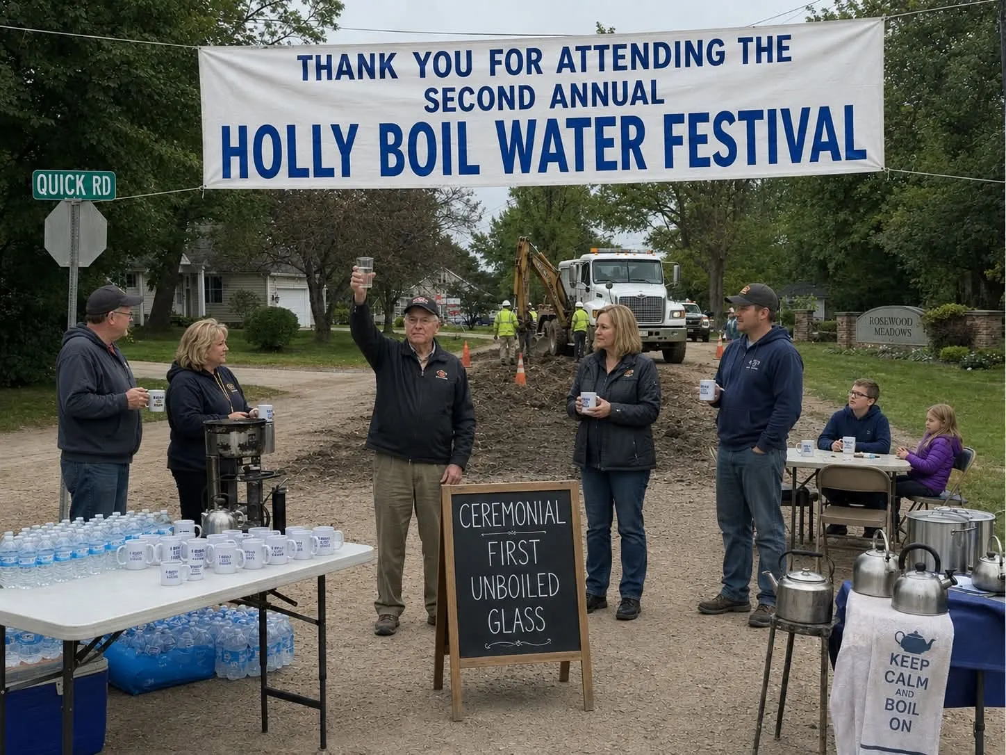 Festival attendees raise glasses beside water stations under a banner thanking them for attending the Holly Boil Water Festival.