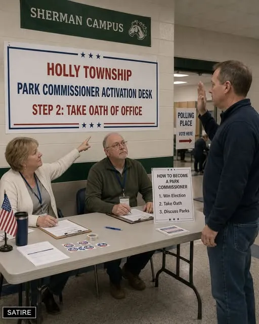 Election workers assist a voter at a folding table beneath a Holly Township Park Commissioner sign.