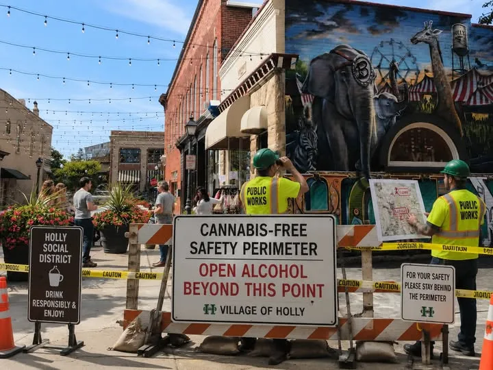 Barricades and signs mark a cannabis-free safety perimeter around a crowded downtown social district.