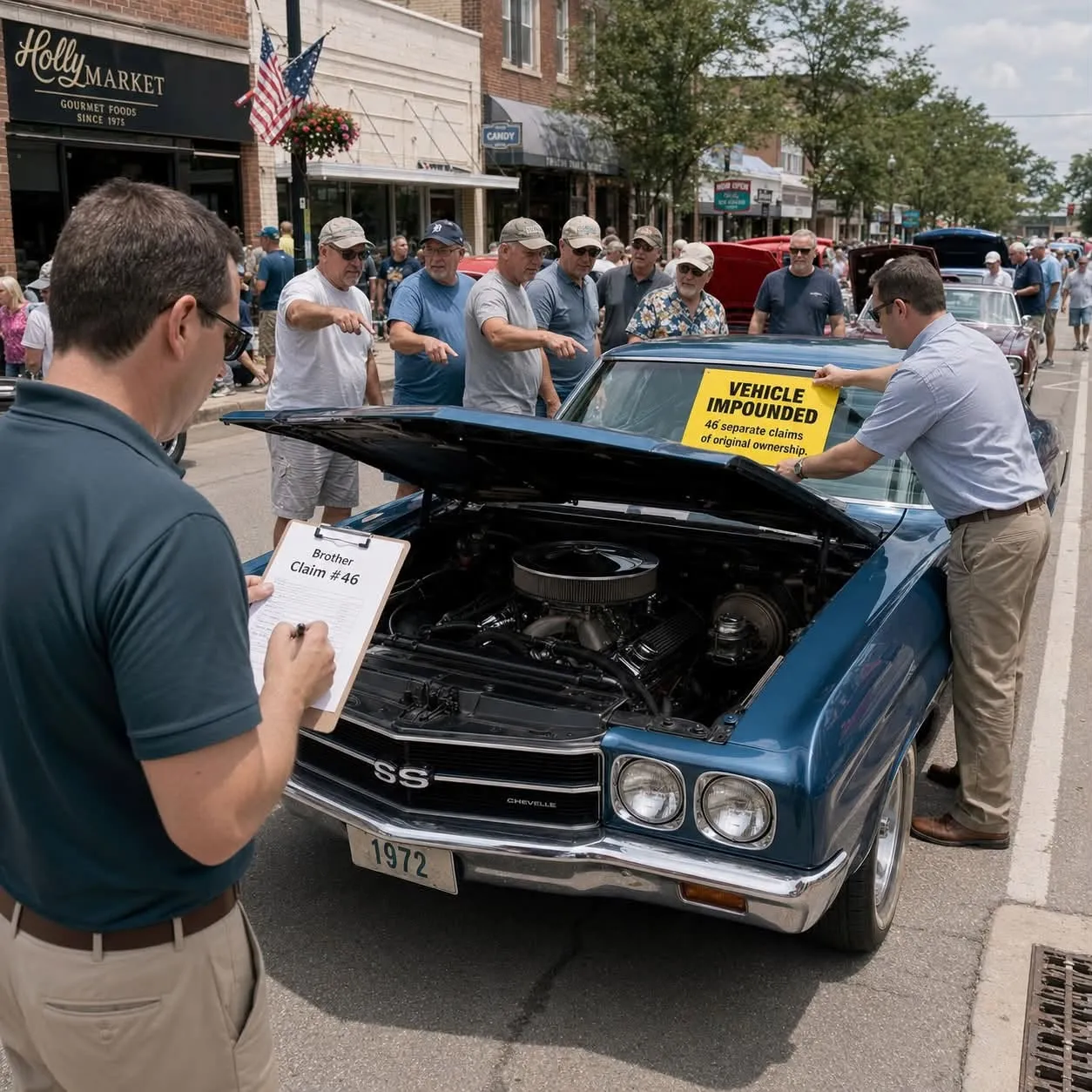A crowd gathers around the open engine bay of a black classic Chevrolet at a downtown car show.