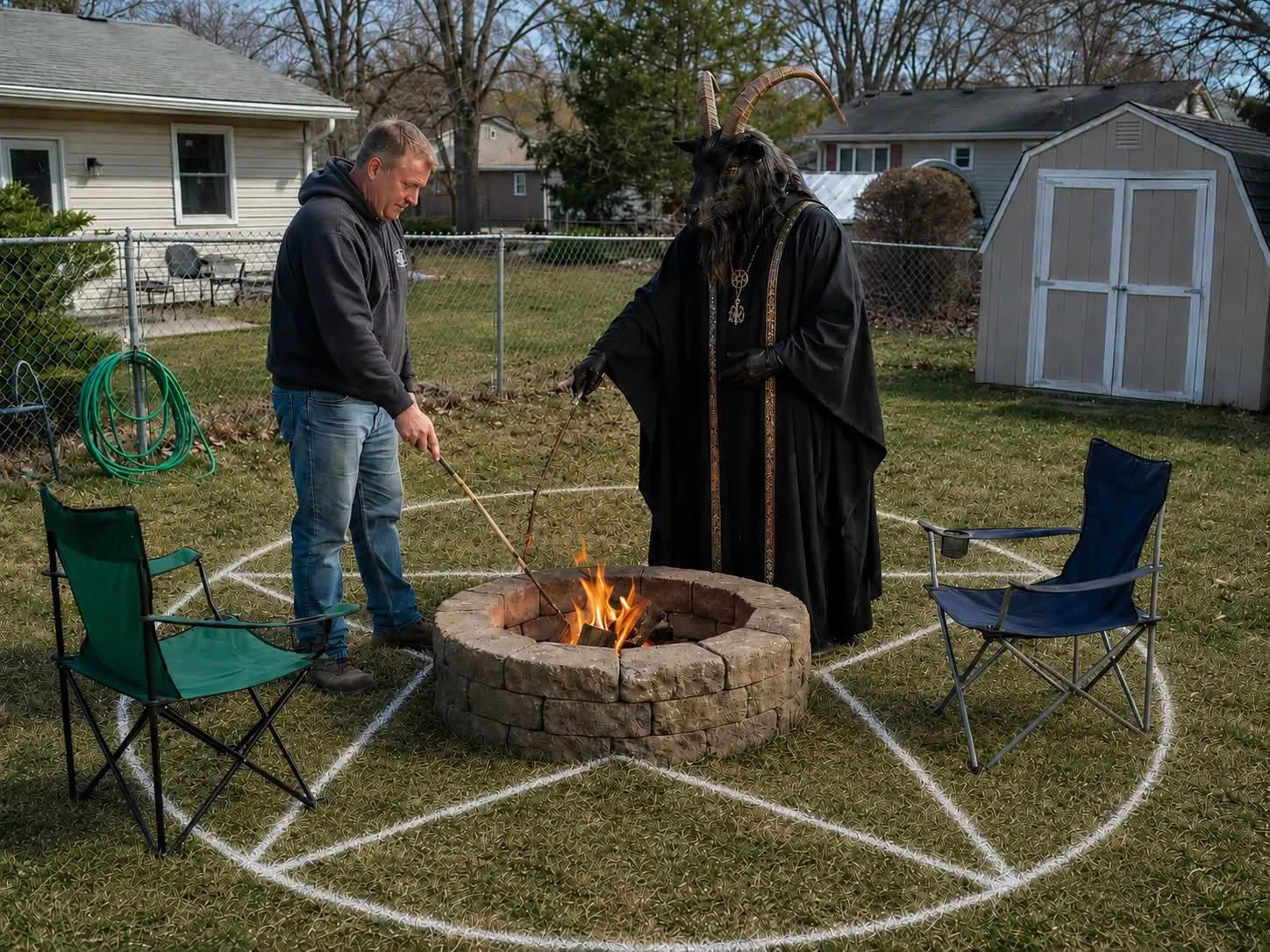 A resident and a horned robed figure stand beside a backyard fire pit inside a chalked circle.