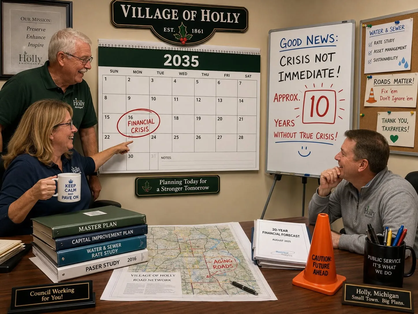 Officials study a 2035 planning calendar, road maps, and financial crisis notes in a meeting room.