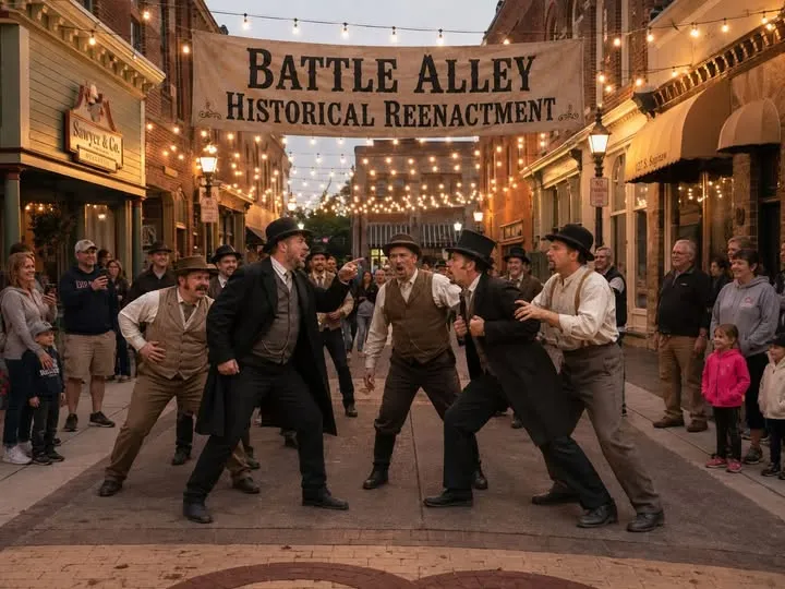 People in period clothing stage a street brawl beneath a Battle Alley Historical Reenactment banner.