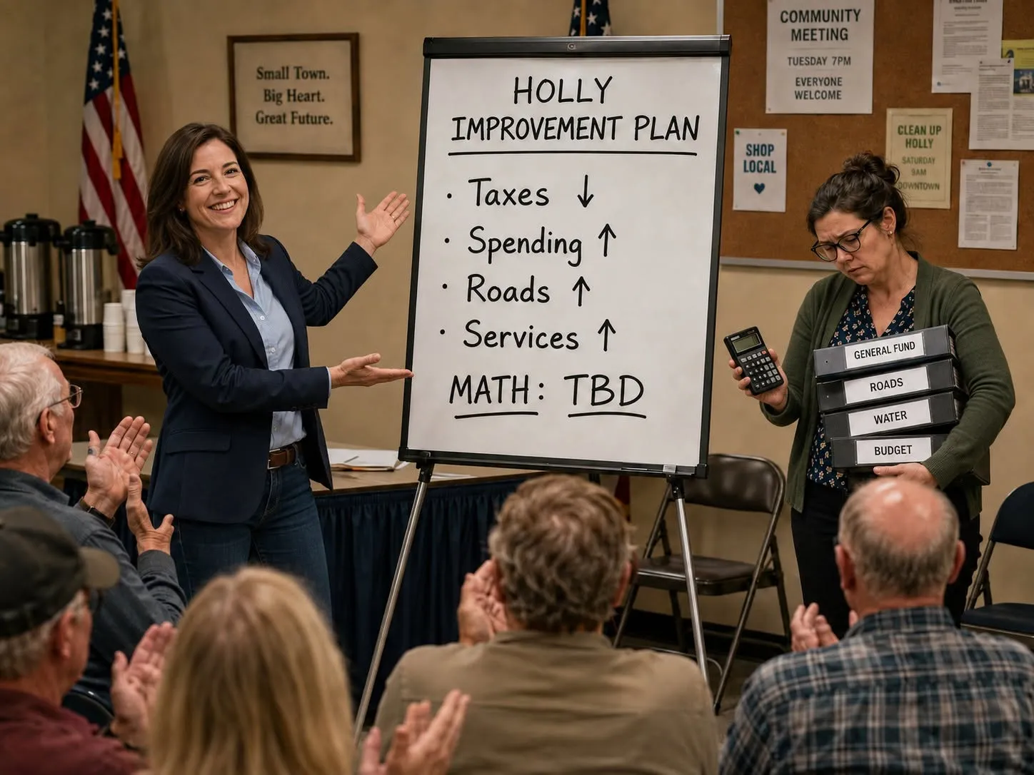 A candidate presents a Holly improvement plan on an easel to residents in a meeting room.
