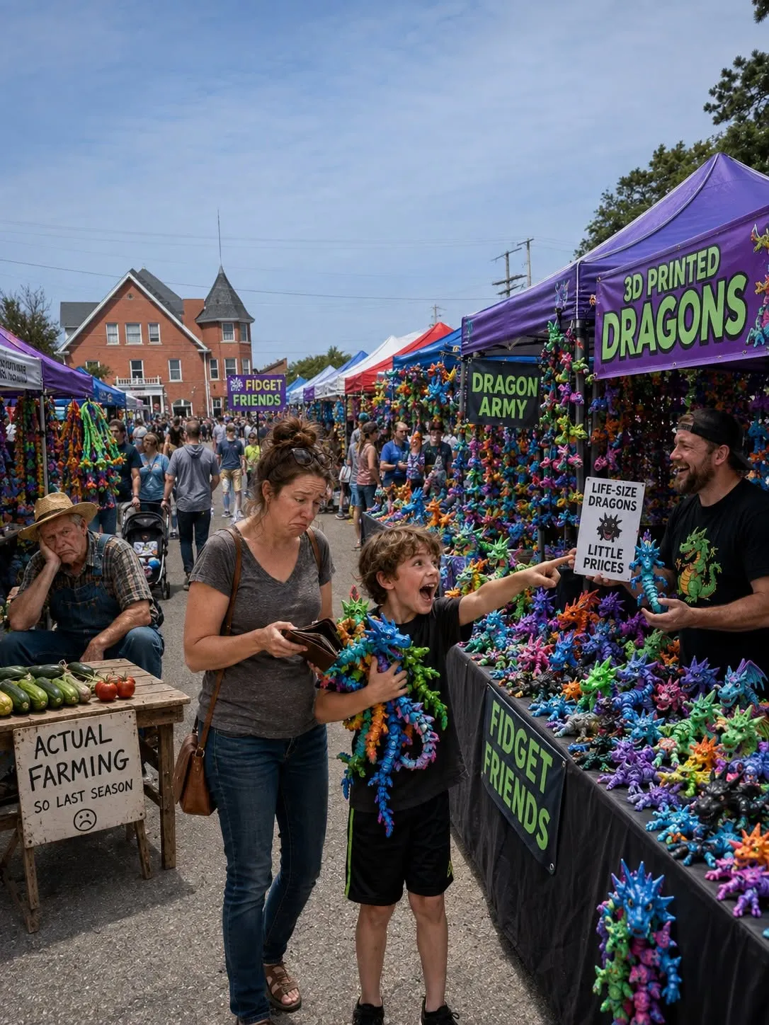 A family browses racks of colorful articulated dragons at a crowded outdoor market.