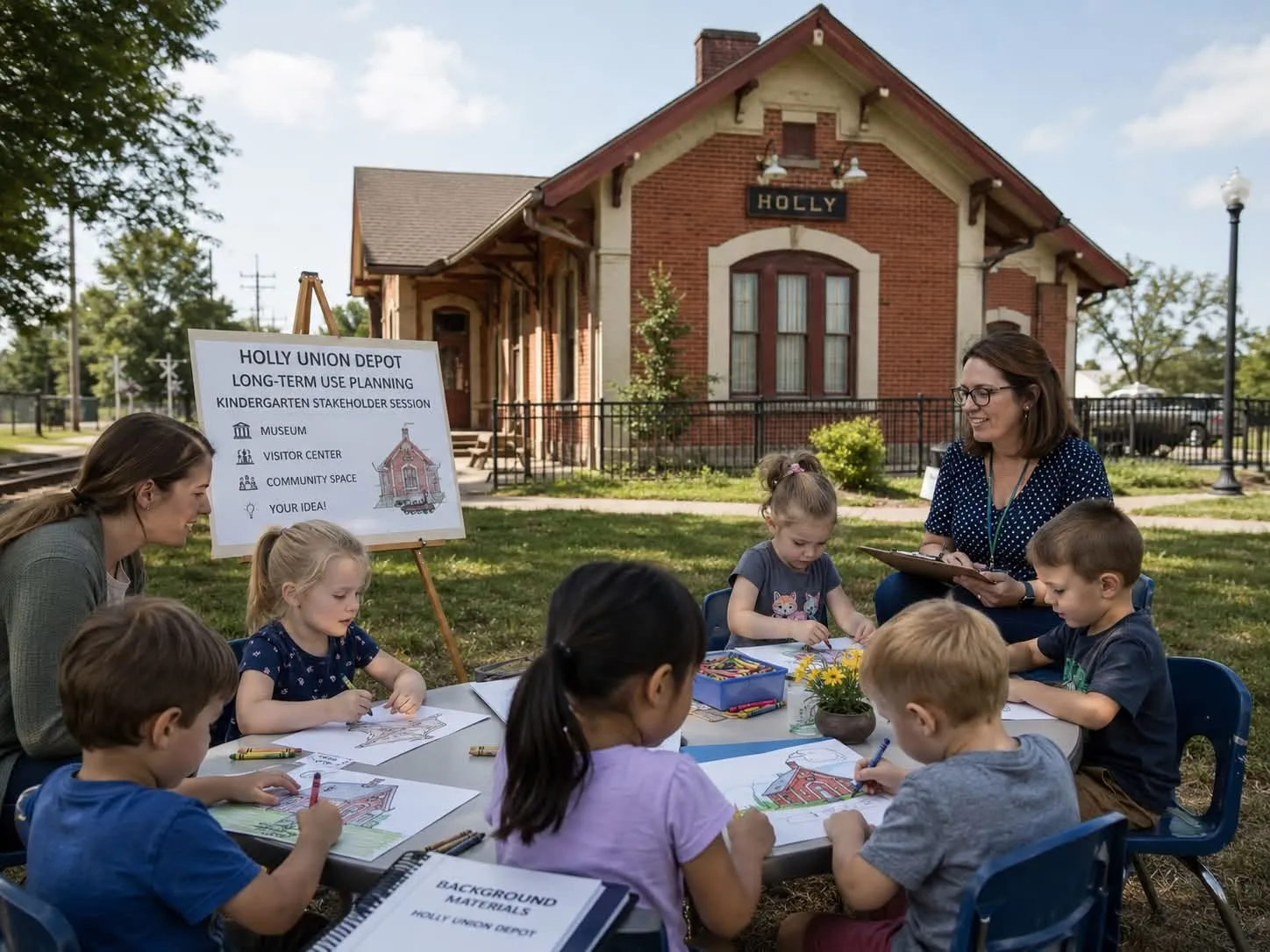 Children make crafts at an outdoor table in front of the restored historic Holly Union Depot.